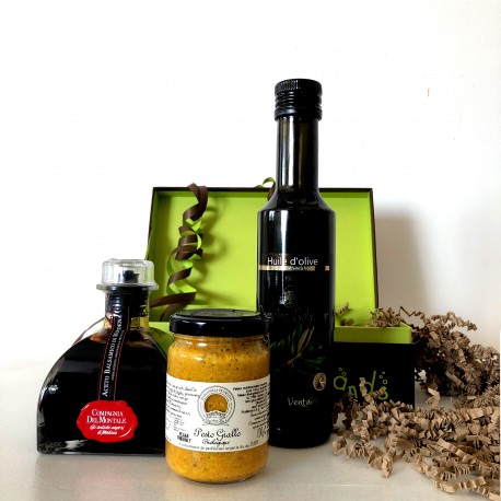 Coffret Huile d'Olive Fruité Noir de Provence  & Vinaigre Balsamique & Pesto 